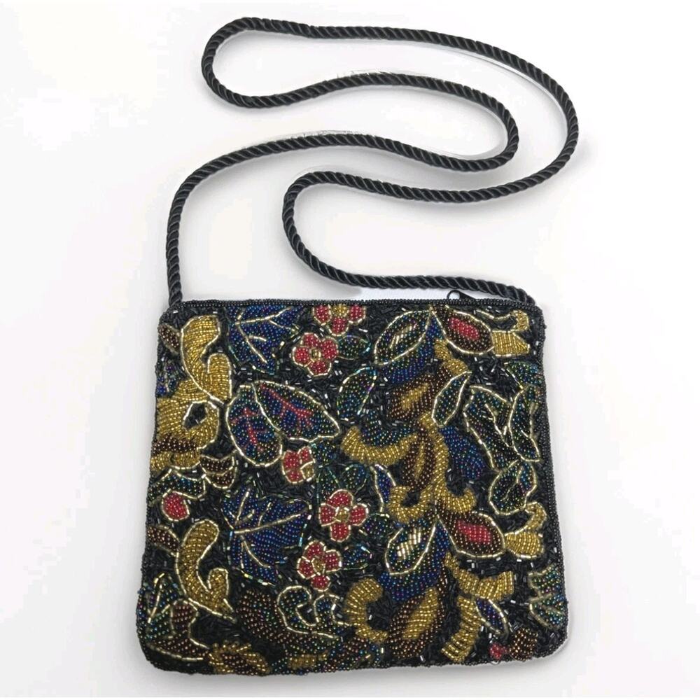 Vintage Black Evening Bag Purse Zip Fully Beaded Floral Boho Shoulder Braided